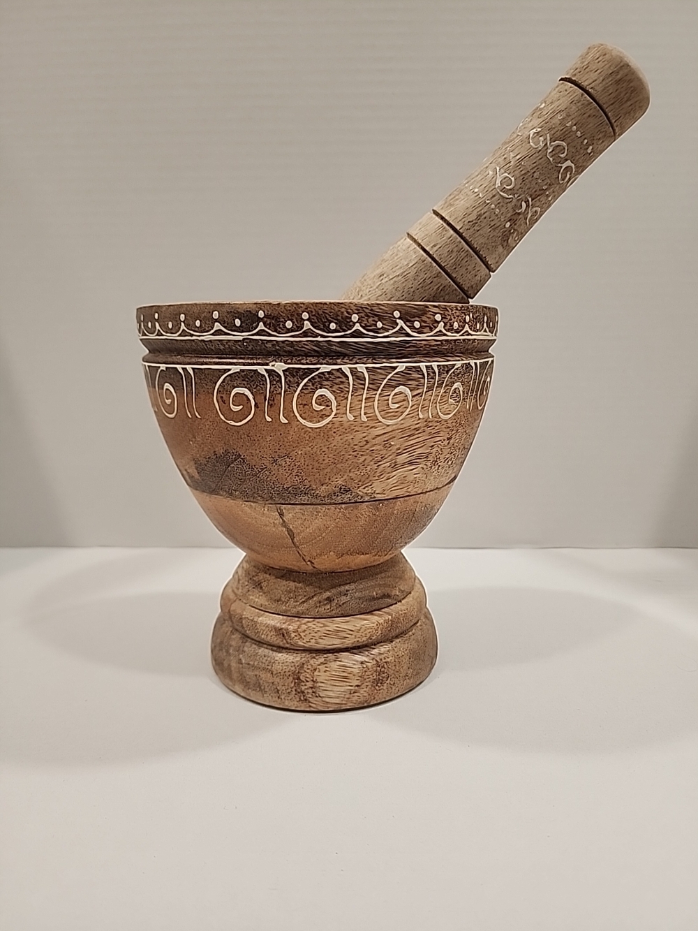 Carved Wooden Mortar and Pestle with Decorative White Inlay Chrissy Teigen